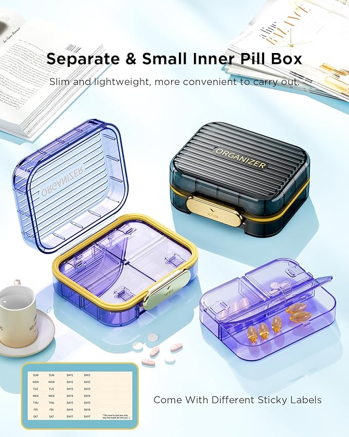 Acedada Small Pill Box, Travel Pill Organizer, Compact 7-Compartment Moistureproof Pill Case for Purse, Chic Daily Pill Container, Portable Medicine & Vitamin Holder for Fish Oil & Supplements, Purple