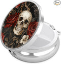 Skull Rose Pill Case, Halloween Pill Box 3 Compartments Metal Small Pill Holder with Mirror Mini Travel Pill Container for Purse Pocket Women Men