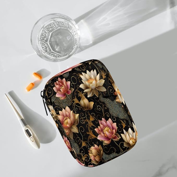 Lotus Ethnic Style Pill Case Everyday Travel, 7 Day Weekly Medicine Pill Box Compact Portable Pills Bottle Organizer with Zipper for Daily Vitamin Medicine Holder Bottle Organizers Bag