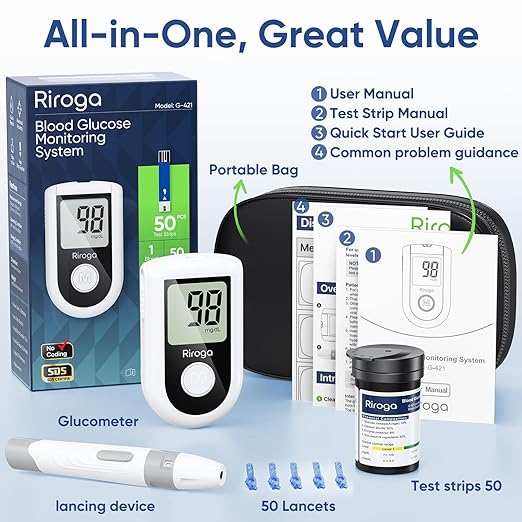 Riroga Blood Glucose Monitor Kit with 50 Glucometer Strips, 50 Lancets, 1 Blood Sugar Monitor,Blood Sugar Test Kit for Home Use,Travel Case for Blood Glucose Monitor Kit,Lancing Device, No Coding