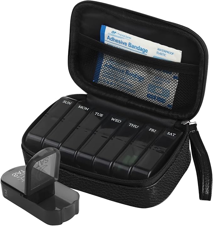 Weekly PU Leather Pill Bag Organizer Case 2 Times a Day, AM PM Daily Pill Box to Hold Vitamin, Fish Oil, Supplements and Medicine (Black)
