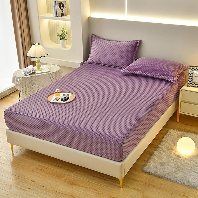 ZIQINPSQ Coral Velvet Fitted Sheet-Thickened Cold-Resistant and Warm Bed Sheets-Soft Velvet Fleece Fitted Sheets with-Elastic All Around. (Purple, Full)