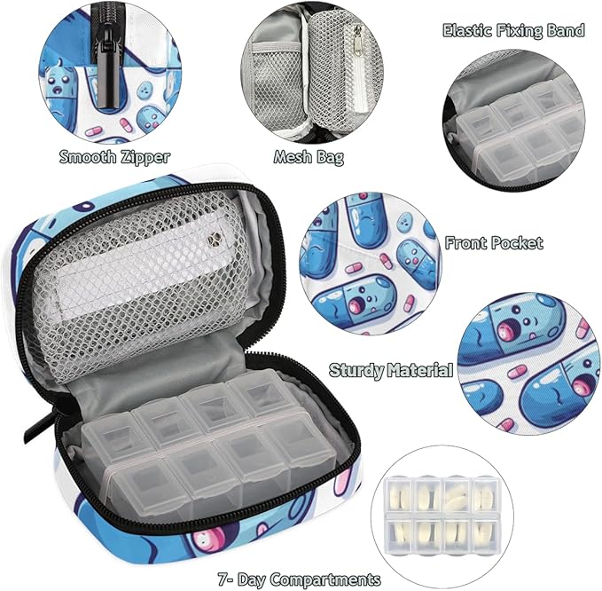 Portable Pills Organizer for Purse, Pill Cases Organizers 7 Day Medicine Travel Case, Personal Week Pill Organizer Cute Zipper Medication Bag Containers for Vitamin, Supplement (Cute Capsule)