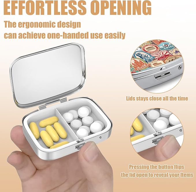 Pill Box-2 Compartment Small Pill Case Square Organizer Case with Mirror Portable Metal Medicine Box Travel Container for Pocket & Purse Women Men（Travel Stamp）