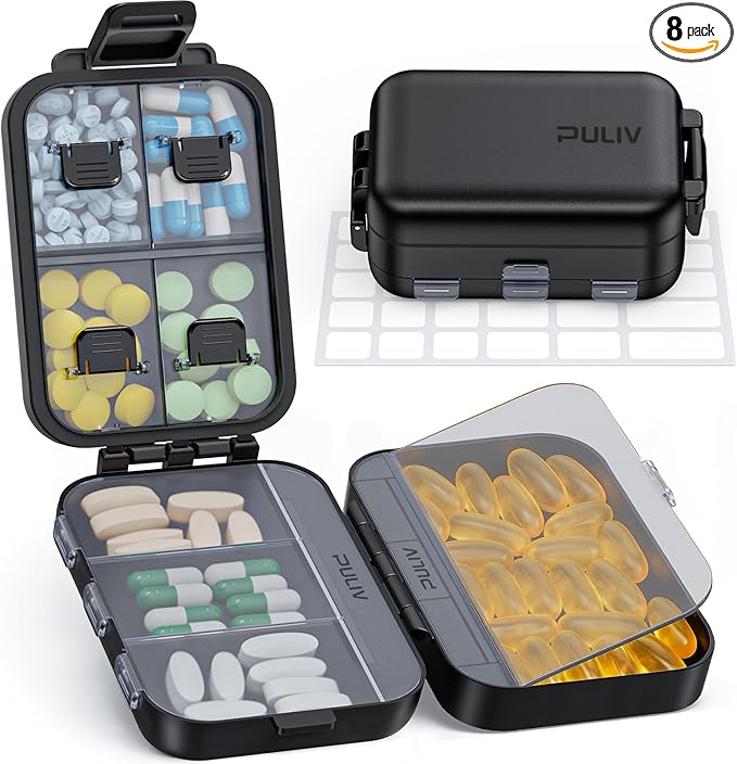 PULIV Travel Pill Organizer with 3 Layers for Compact and Large Storage, Easy-to-Open Daily Pill Box Case, Portable Medication Organizer with 8 Compartments for Supplements, Vitamins, Fish Oils