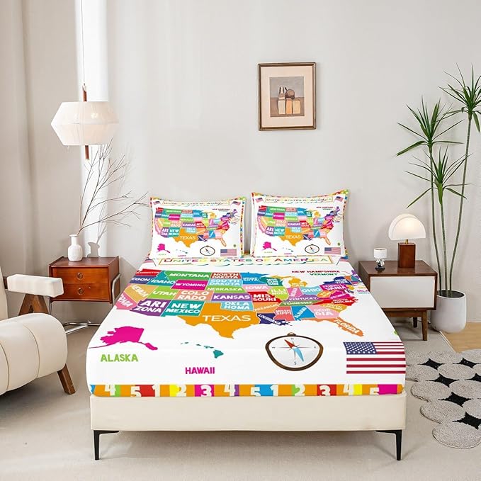 USA Map Fitted Sheet Queen, Geography USA Map Bed Sheet Set for Boys Girls Educational Bedding Set Learning Time Bed Cover 3Pcs (No TOP Sheet)