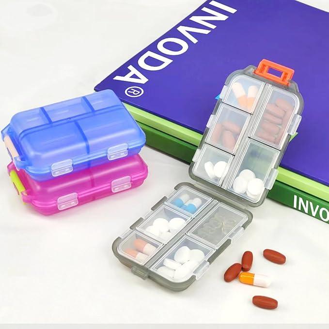 Travel Pill Organizer Portable Pocket Pill Case Small Pill Box for Purse Medicine Organizer Have 10 Compartments Storage Vitamin Fish Oil by INVODA (1PCS Gray+Lables)