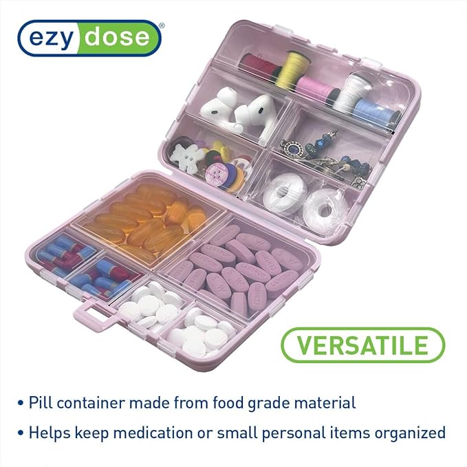 Ezy Dose Foldable Pill Case, Medicine Planner, Vitamin Organizer Box, Convenient and Easy to Use, 11 Individual Compartments with Various Sizes, Travel Friendly, Compact Pocket Pharmacy Style, Pink