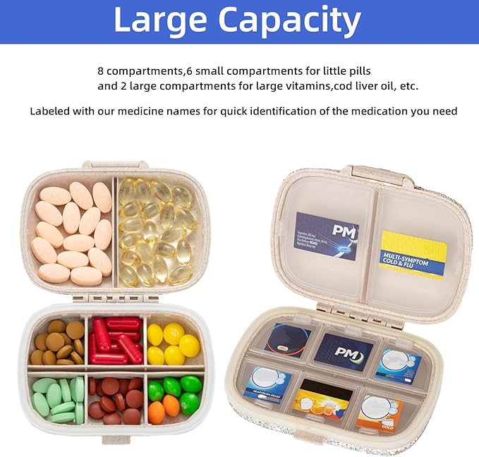 Pill Organizer with Labels Bling Pocket Pill Case with Stickers Travel Medicine Kit Holder Small Purse Pill Box Container Portable Mini Medication Storage (Black & 300 Labels)