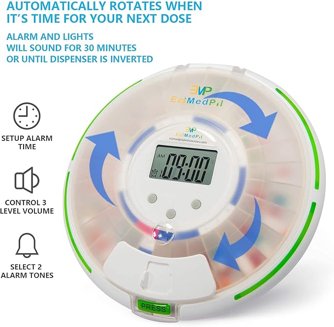 EziMedPil Automatic Pill Dispenser with Alarm, Sound & Light, up to 6 Alarms/Day, 6 Dosage Templates, Easy-Read Display, Frosted Lid & Locked 28-Day Medication Dispenser for Protecting Pills Privacy