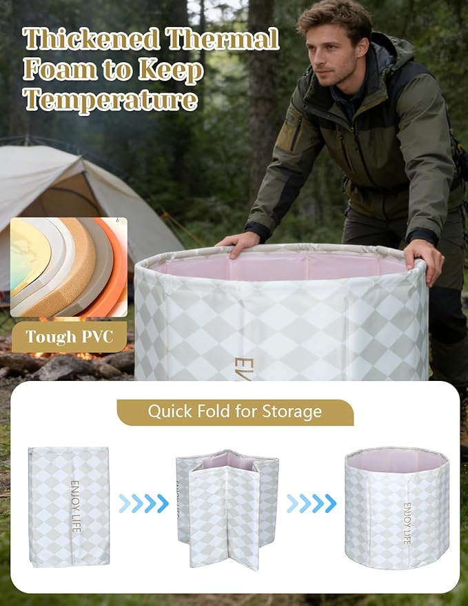 Portable Bathtub for Adults, Collapsible Freestanding Bathtub for Shower, Hot Ice Bath Tubs with Thickened Thermal Foam to Keep Temperature, PVC Outdoor Soaking Tub (Argyle)