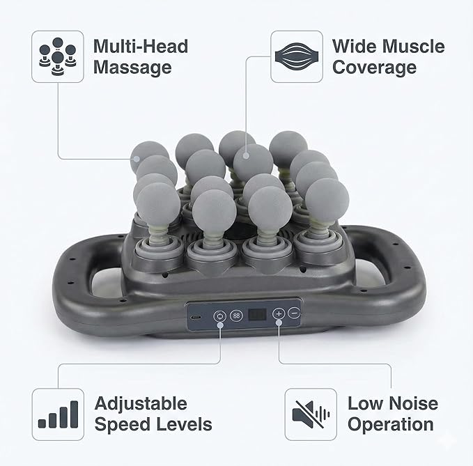 16-Head Deep Tissue Body Massager with Heat, 3 Modes & 30 Intensities, Multi-Head Back Massager for Full Body Relief, Quiet Percussion Massager for Back, Neck, Legs, Waist,2600mAh Battery