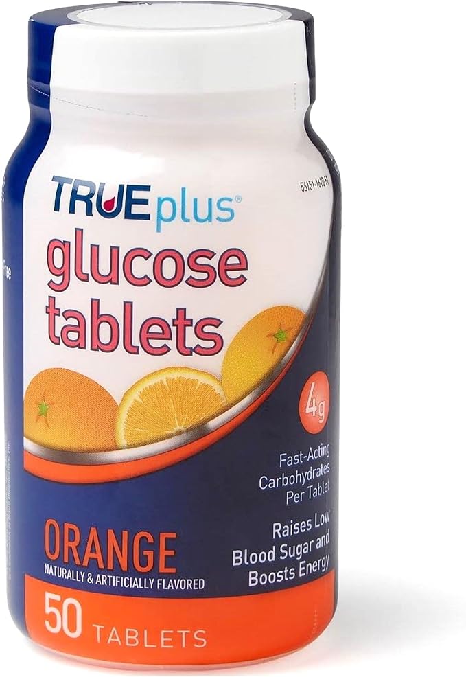 TRUEplus Glucose Tablets, Chewable, Orange Flavor, 15g Fast-Acting Carbohydrates, Fat Free, Gluten Free, Raise Low Blood Sugar and Boost Energy, 50 Count, 12 Bottles