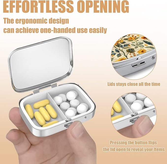 Pill Box-2 Compartment Small Pill Case Square Organizer Case with Mirror Portable Metal Medicine Box Travel Container for Pocket & Purse Women Men（Vintage Sunflower）
