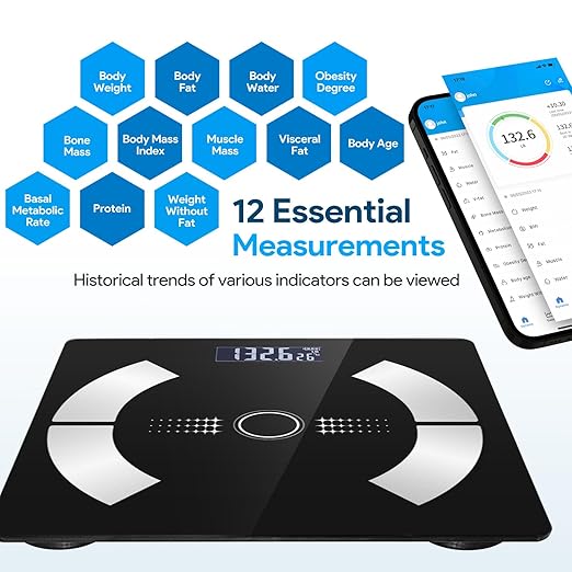 Body Fat Scale, Smart Weight Scale, Digital Bathroom Scale with Bluetooth functionality, Capable of Analyzing Body Fat, Muscle Mass, Water Content, and Bone Mass.