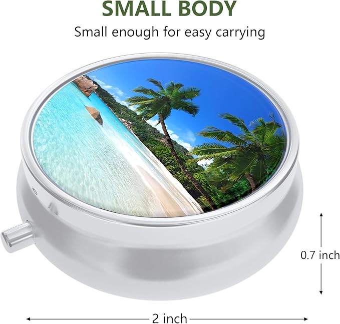 Nipichsha Pill Box, Small Pill Case for Purse & Pocket, Cute Travel Medicine Organizer, Portable Medicine Container Holder to Hold Vitamins, Medication, Fish Oil & Supplements, Happy Beach