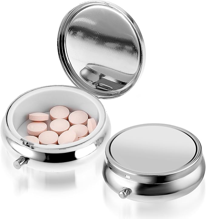Pill Box Cute Small Pill Box for Purse & Pocket Medicine Organizer Travel Pillbox Waterproof Pill Case Metal Pill Container Holder for Vitamins, Fish Oil, Supplements(Silver)