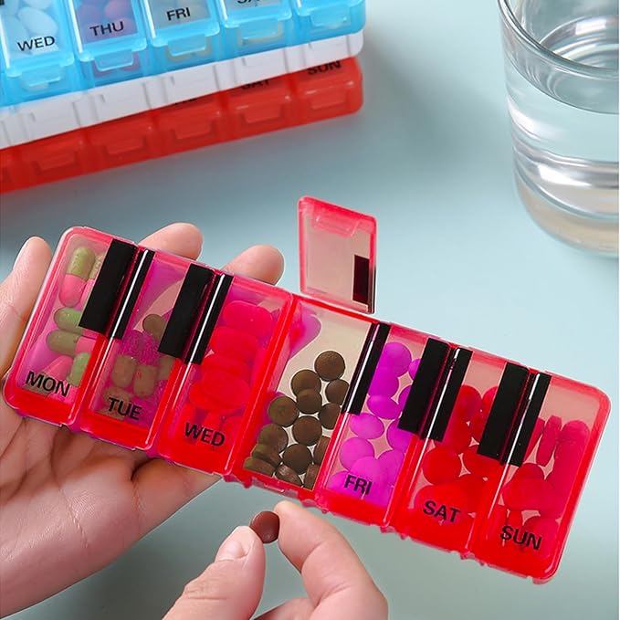 Pill Organizer 7 Day for Travel BPA Free Weekly Pill Organizer Piano-Keyboard Pill Box,Vitamin Organizer (Red)