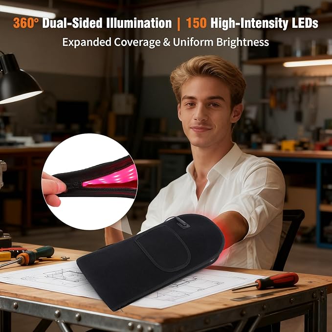 Red Light Therapy for Hands & Wrists, 360° Dual-Sided 150 LEDs Heated Gloves with Auto-Off Timer, Near Infrared Belt for Body, Waist, Finger, Palm, Elbow & Joint, 660nm & 850nm