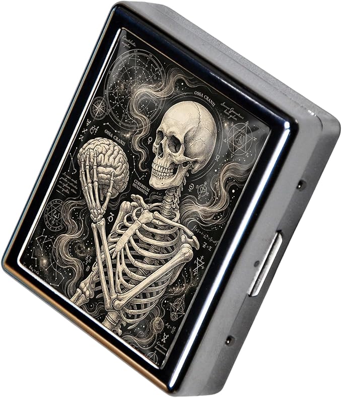 Metal 7 Day Pill Organizer, Cute Small Weekly Pill Case with 8 Compartments for Travel, Moisture-Proof Medicine Holder for Purse, Compact Daily Vitamin Box (Mystic Skeleton)