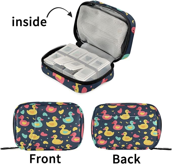 Fustylead Colorful Rubber Ducks and Hearts Travel Pill Organizer Bag with Zipper Small Pill Box 7 Day Pill Case for Purse Storage Weekly Vitamin Medicine Supplement