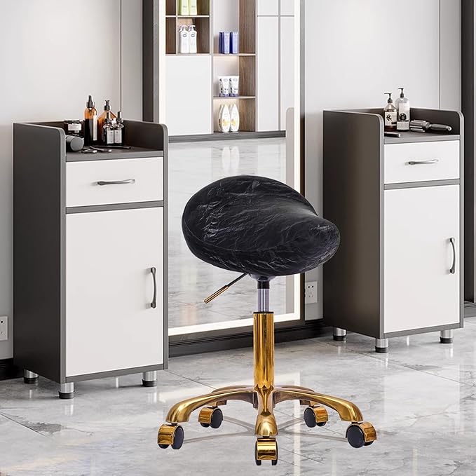 Saddle Stool Gold Rolling Stool with Wheels, PU Leather Roller Vanity Chair, Height Adjustable Swivel Saddle Chair for Pedicure, Tattoo, Massage, Salon, Spa (Black)