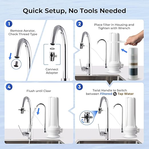 iSpring CT10-W Countertop Water Filter, Multi-Layer Faucet Water Filter System with Versatile Faucet Adapter, Reduces Heavy Metals, Bad Odor, and Chlorine, White
