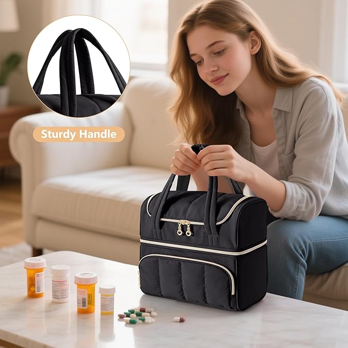 Damero Double Layers Medicine Bottle Organizer, Lockable Pill Bottle Organizer Medicine Bag with Lockable Zipper and Detachable Dividers for Medication, Vitamins or Medical Supplements, Black