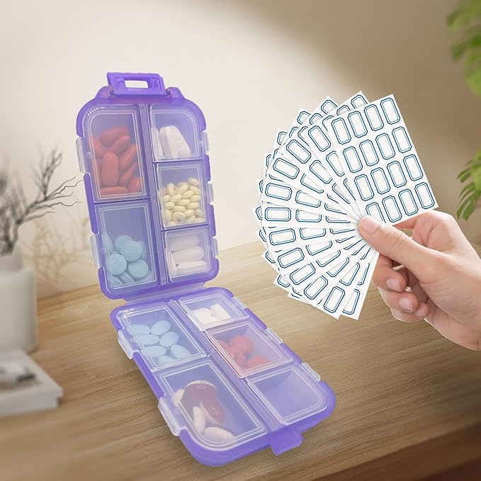 INVODA 12PCS 10-Compartment Pill Organizer BPA-Free Travel Pill Case with Daily Labels Portable Medicine Box for Vitamins, Supplements & Jewelry