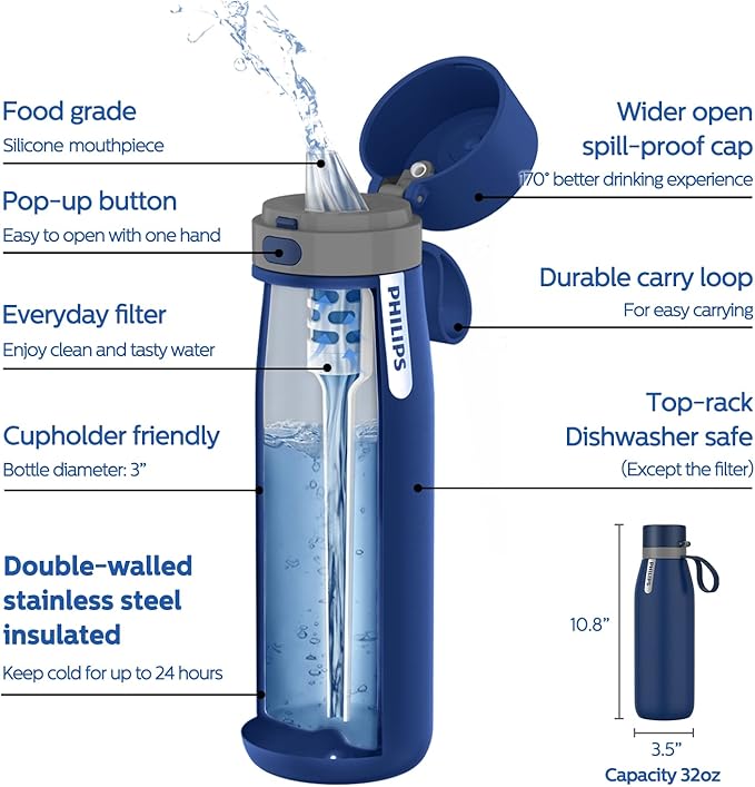 PHILIPS Water Bottle with Filter, Filter Water Bottle Stainless Steel with GoZero Everyday BPA-Free Tap Water Filter, Water Filter Bottle Keep Drink Cold 24 Hours, 1 Filter for 40 gal / 2 Months