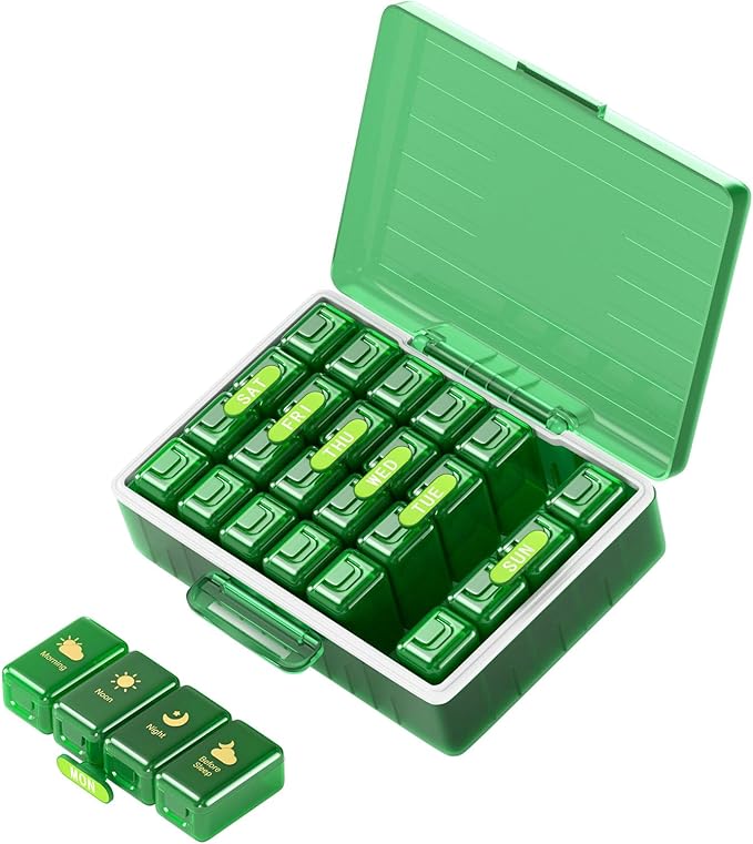 Weekly Pill Organizer 4 Times a Day, Large Compartments Pill Box 4X 7 Day, Medicine Organizer Pill Case for Pills/Vitamins/Fish Oils/Medication/Supplements (Green)