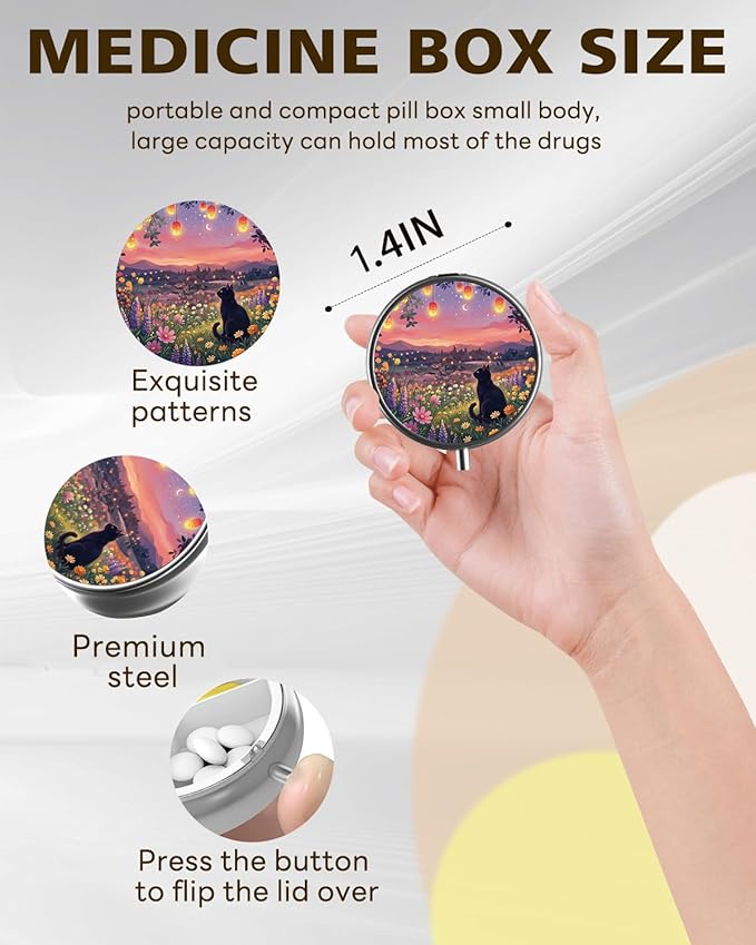 LRITER Pill Case, Portable Travel Pill Box, Pillbox Organizer, Cute Small Medicine Storage Container, Purse Accessories for Women, Men (Cat and Flower)