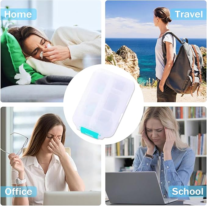 4PCS 7-Day Pill Organizer with Labels – Compact Daily Medication Case | Travel-Sized (3.7" x 2.4") Secure Lock | AM/PM Compartments | Includes 300+ Common Medicines Vitamins Health Product Sticker