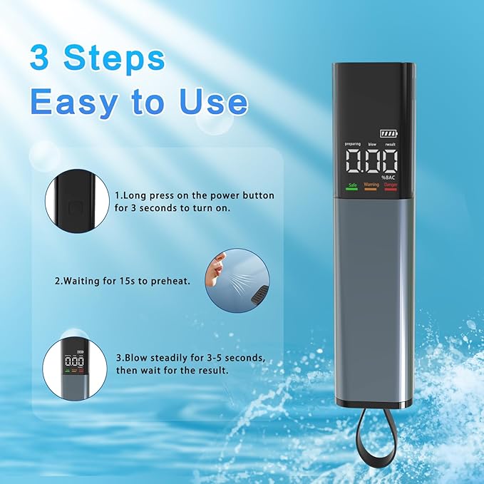 Portable Breathalyzer, BAC Tester with Digital Display, Audible and Visual Alarm, Type-C Charging Non-Contact Personal Breathalyzers for Home & Travel Use