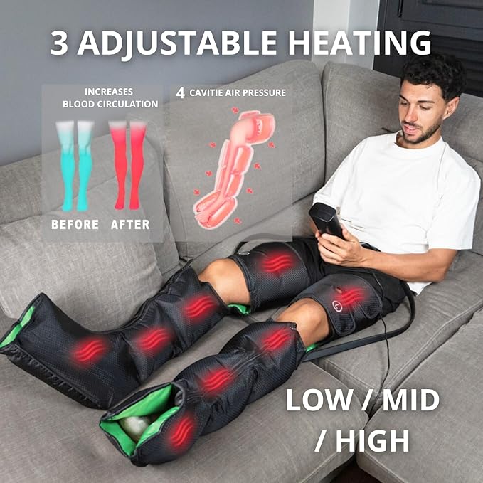 Leg Compression Massager with Heat for Circulation and Pain Relief, 3-in-1 Foot, Calf & Thigh Recovery System, Compression Boots for Lymphedema, Swollen Legs & Edema