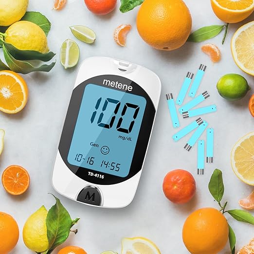 Metene TD-4116 Blood Glucose Monitor Kit, 150 Glucometer Strips, 150 Lancets, 1 Blood Sugar Monitor, Blood Sugar Test Kit with Control Solution, Lancing Device, No Coding, Large Display