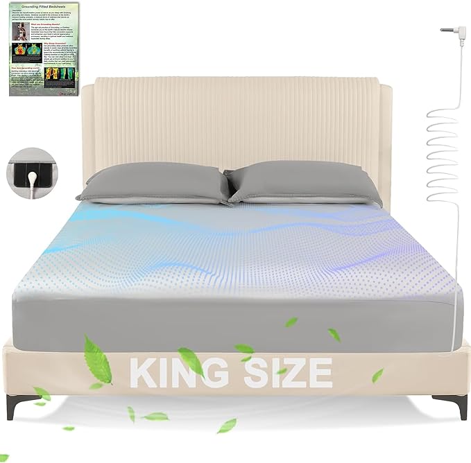 Grounding Sheets King,Earth Grounded Fitted Bed Sheet 10% Pure Silver Fiber + 90% Organic Cotton, Bed Grounding Kit with grounding Cord for Improved Sleep & Wellness(Greyaya,King - 80"x78"x15")