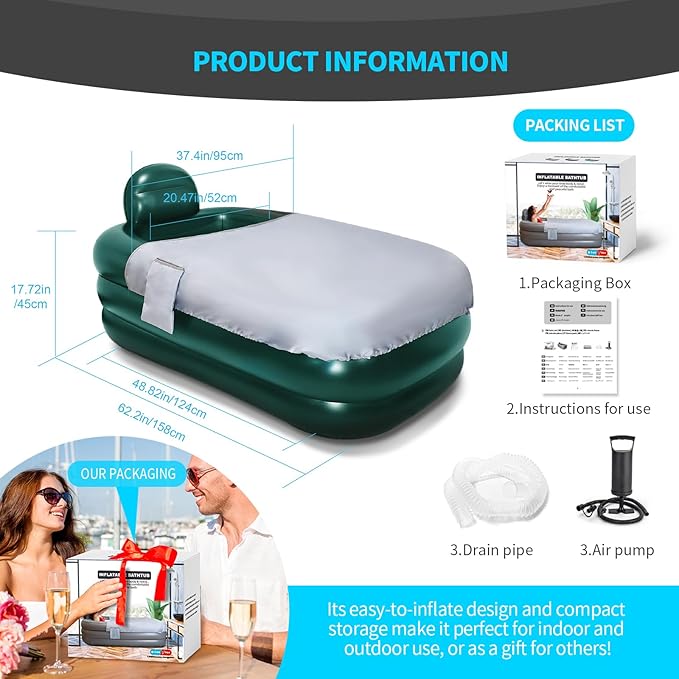 Portable Bathtub for adults with Cover,Inflatable bath tub for ice bath,Large Oval Ice Bath with pillow, 62.2x37.4x17.72in,Includes Pump, EasyInflate & Drain,Green