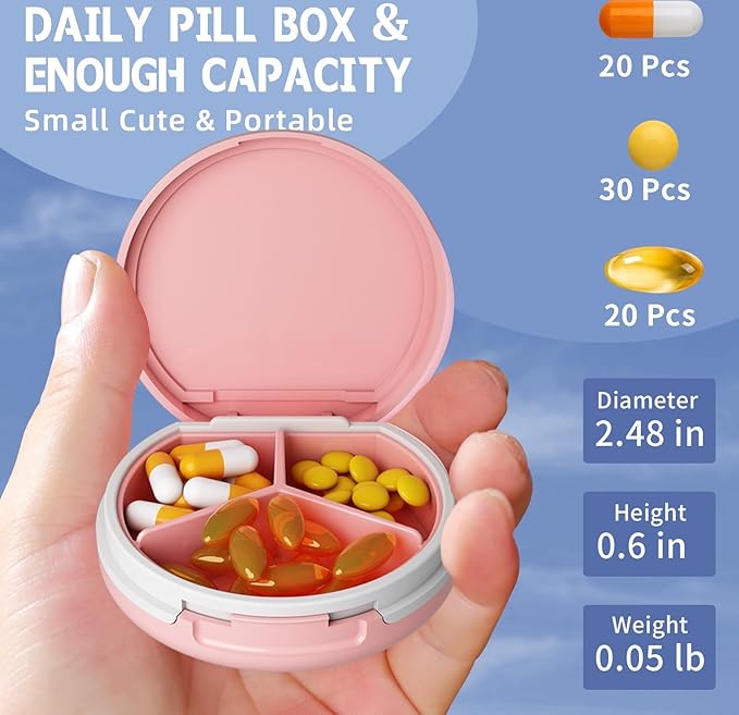 Serfeymi Small Pill Case for Purse, Unique Artistic Patterns Travel Pill Box with 4 Compartments, Portable Mini Pill Organizer for Pocket, Decorative Pill Container for Purse - Dark Blue(Logo)