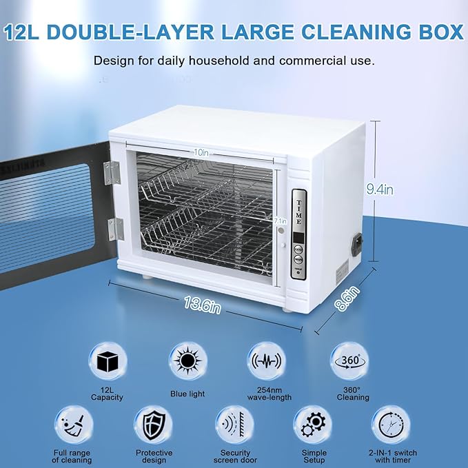 Nail Tool Cleaning Machine, 12L High Capacity Multi-Functional Nail Cleaner Box Manicure Tool Cleaning Cabinet Salon Equipment for Spa Beauty Home Metal Tools With Replaceable Lamp