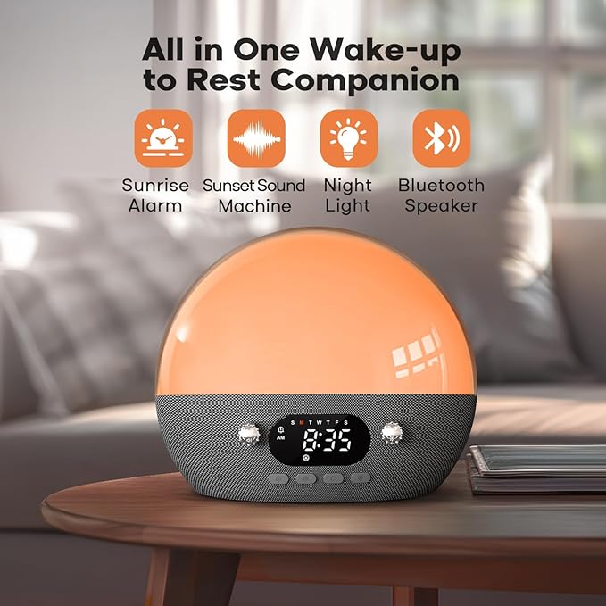 Dekala RestOnn Sunset Sound Machine Sunrise Alarm Clock White Noise Natural Sounds Amber Night Light, 7-day Programmable Dual Alarm Clock, Bluetooth Speaker, 3000mAh Battery Backup, App Control, Black