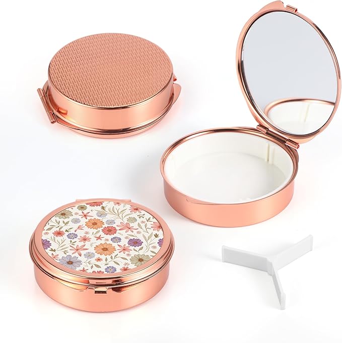 Dynippy Pill Case Pill Box with Mirror Pocket 3 Compartment Medicine Case Vitamin Pill Organizer for Pocket Purse and Travel (Round, Rose Gold-Wildflower Pattern)