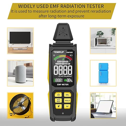 EMF Detector, 5-in‑1 Portable EMF Meter and Radiation Detector for RF, EF, MF, Temp, Humidity, WiFi Signal– Rechargeable EMF Reader with 3-Color Sound‑Light Alarm for Home,Office,Ghost Hunting