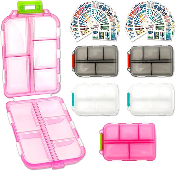 Frosted Plastic Large Pill Organizer Waterproof 10 Compartment Pill Container Box with Labels for Travel and Daily Use (Pink+White+Grey 6PCS)