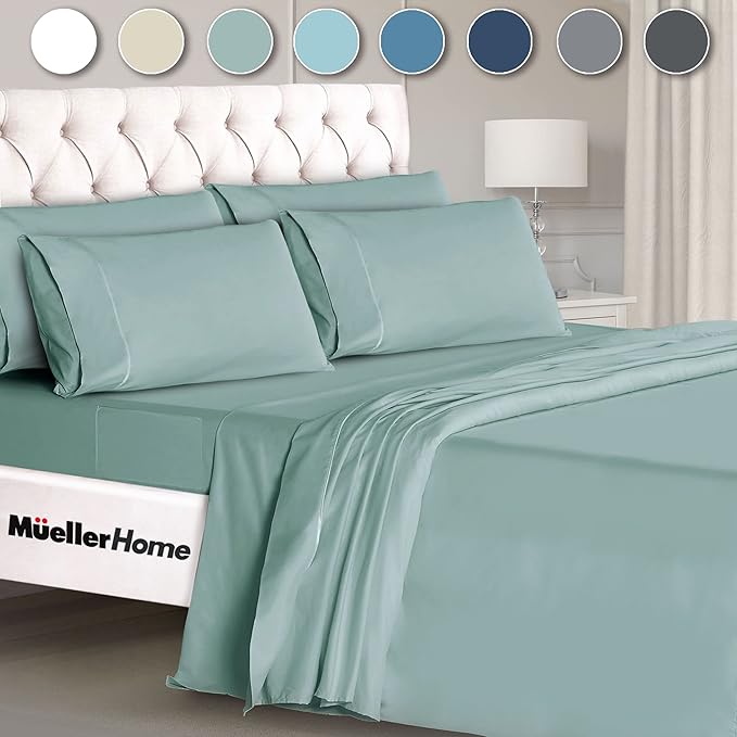 Mueller Ultratemp King Size Sheets Set, Super Soft 1800, 6 Piece, Deep Pocket up to 16" Cooling Sheets King Size, Transfers Heat, Breathes Better, Hypoallergenic, Wrinkle, Light Teal
