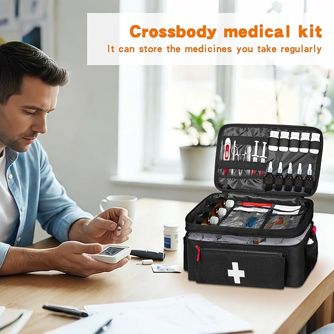 Boczif First Aid Kit, First Aid Storage Carry Bag, Pill Bottle Organizer for Emergency Trauma Medical Kits Supplies Waterproof, Ideal for Home, Travel, Outdoor, Camping (black with shoulder strap)