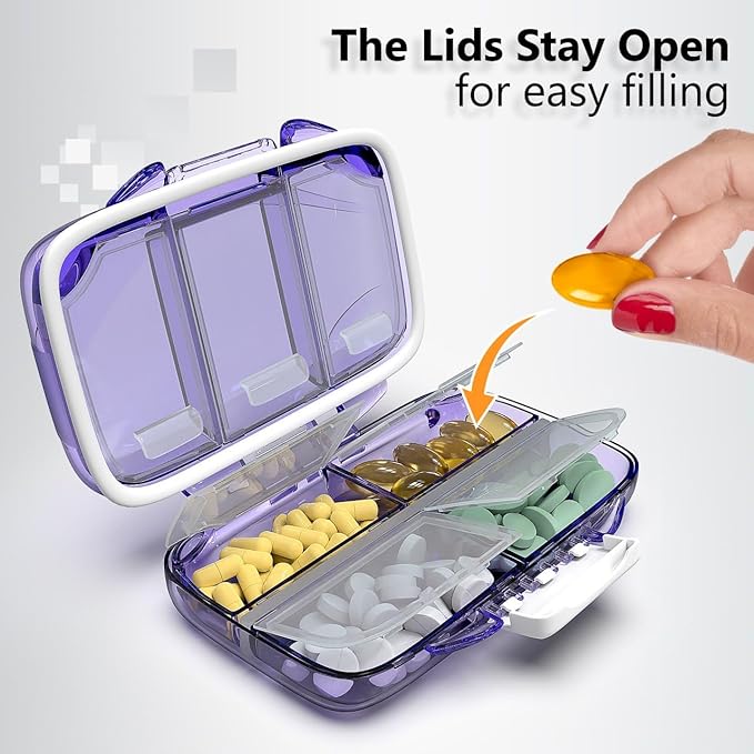 Travel Pill Organizer - Moisture Proof Portable Vitamin Holder with 7 Compartments, Compact Supplement Case for Purse Essential Medicine Kit fot Traveling Pocket Pharmacy with Labels, Purple
