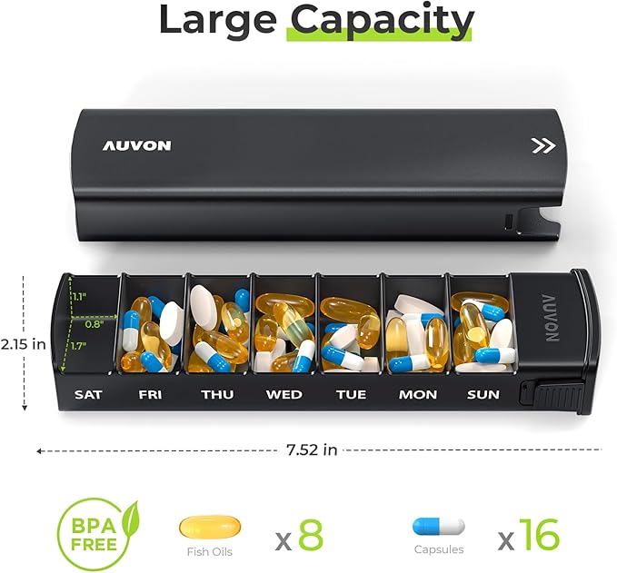 AUVON Metal Weekly Pill Organizer with Slide Design, Stylish Travel Pill Box 7 Day for Privacy Protection, Aluminum Alloy Pill Case with Large Compartment for Supplements, Fish Oil (Black)