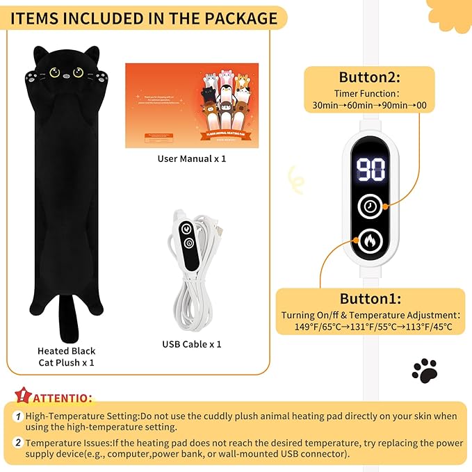 Cat Heating Pad-USB Heated Plush Stuffed Animals for Period Cramps and Menstrual Pain Relief,22” Portable Electric Kitten Heating Pads,Built-Pocket Plushies Women Girls Birthday Gift,Black