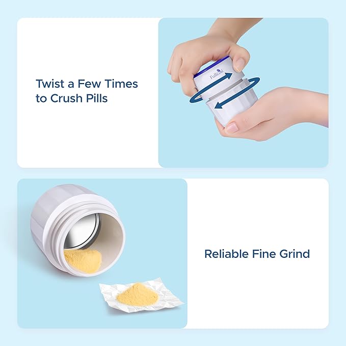 Fullicon Pill Crusher Fine Powder, Stainless Steel Grinder Head, 2-in-1 Medicine Crush with Storage, Small Pill Grinder for Pets, Elderly & Kids (Blue White)